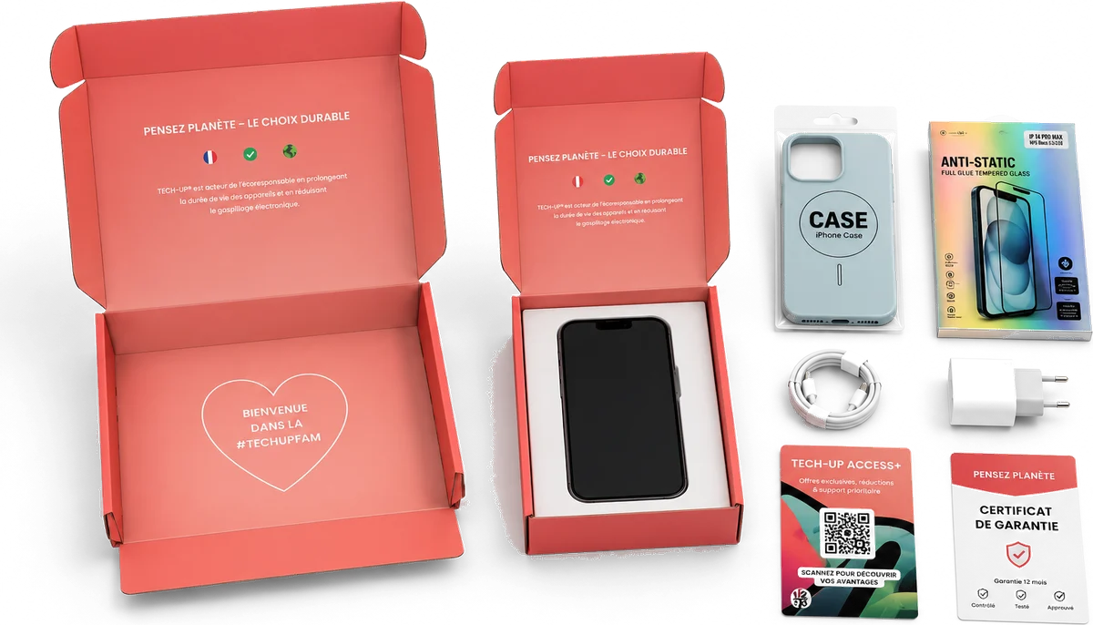 Maxi TECH-UP Box ouverte : smartphone reconditionné dans sa boîte, coque, verre trempé, câble, chargeur et cartes TECH-UP.